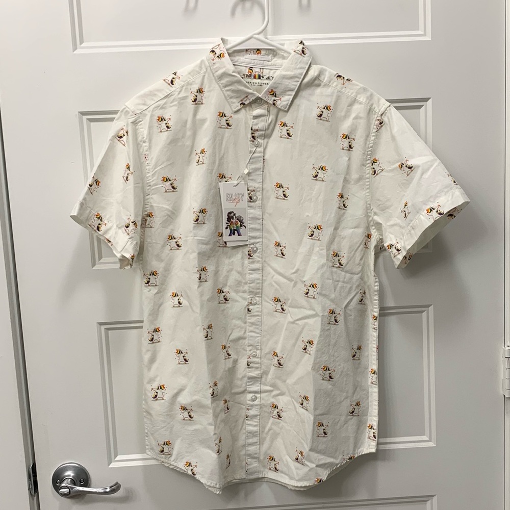 Denim & Flower White Buttons Down with Stars Unicorns Short Sleeves T-Sh…